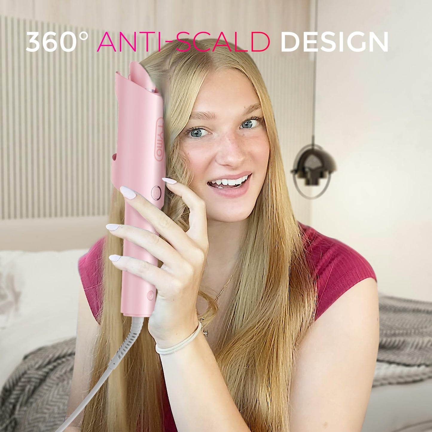 TYMO Automatic Rotating Curling Iron - TYMO CURLPRO Beach Waves Curling Wand, Portable Hair Curler, 500 Million Ionic, Dual Voltage & Lightweight for Travel, Ceramic Coating, 1 Inch, Pink
