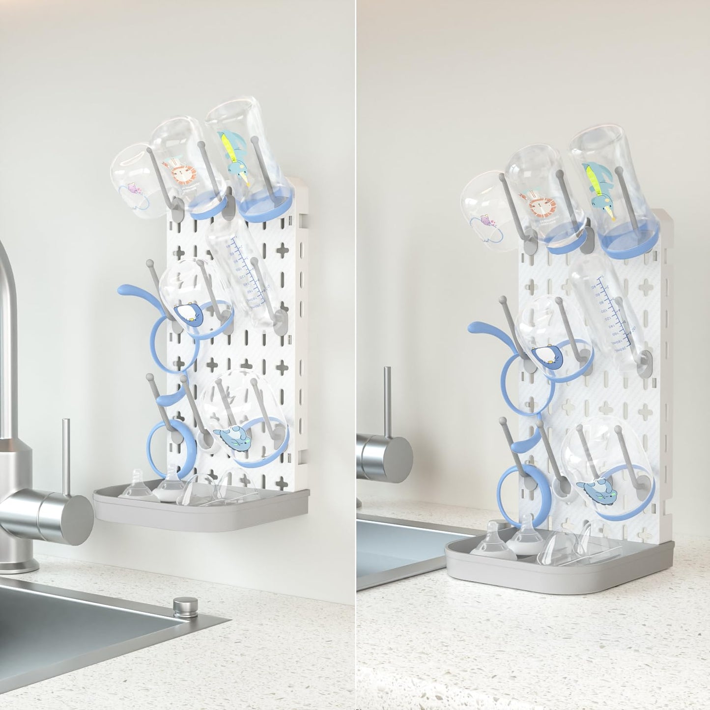 Baby Bottle Drying Rack Baby Bottle Holder Space Saving Bottle Dryer Rack Station Countertop Storage Organizer 12 Travel Bottle Drying Rack Vertical Breast Pump Part Plastic Bag Cup Dryer Tower Grey