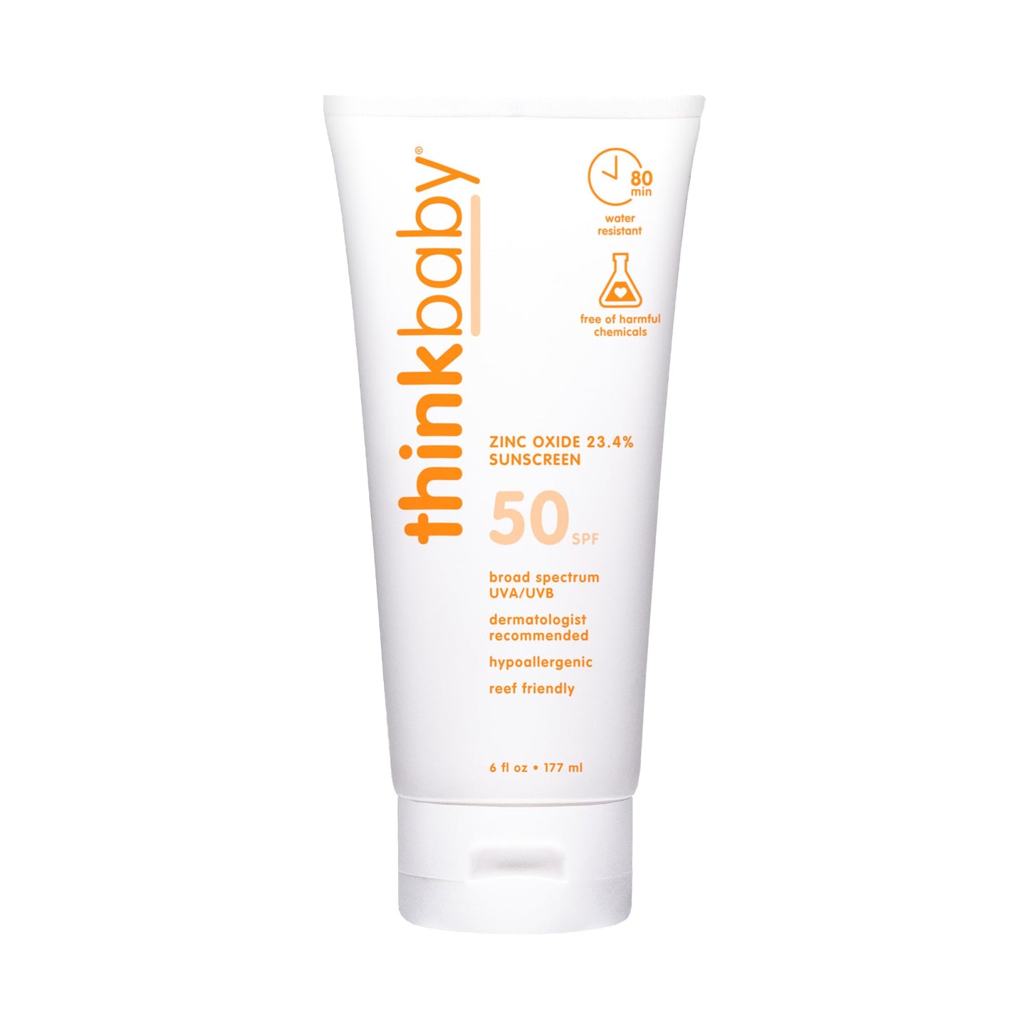 Thinkbaby SPF 50+ Baby Sunscreen, 6 Oz. – Safe, Natural Mineral Sun Cream for Babies - Water Resistant, Broad Spectrum UVA/UVB Sun Protection – Vegan Sunscreen for Kids