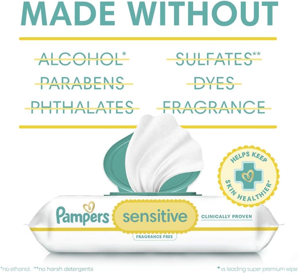 Pampers Sensitive Baby Wipes, Clinically Proven, Fragrance Free, Unscented, Water Based, Hypoallergenic, Multi-Use, Hand Wipes 1008 Wipes Total (18X Flip-Top Packs) [Packaging May Vary]