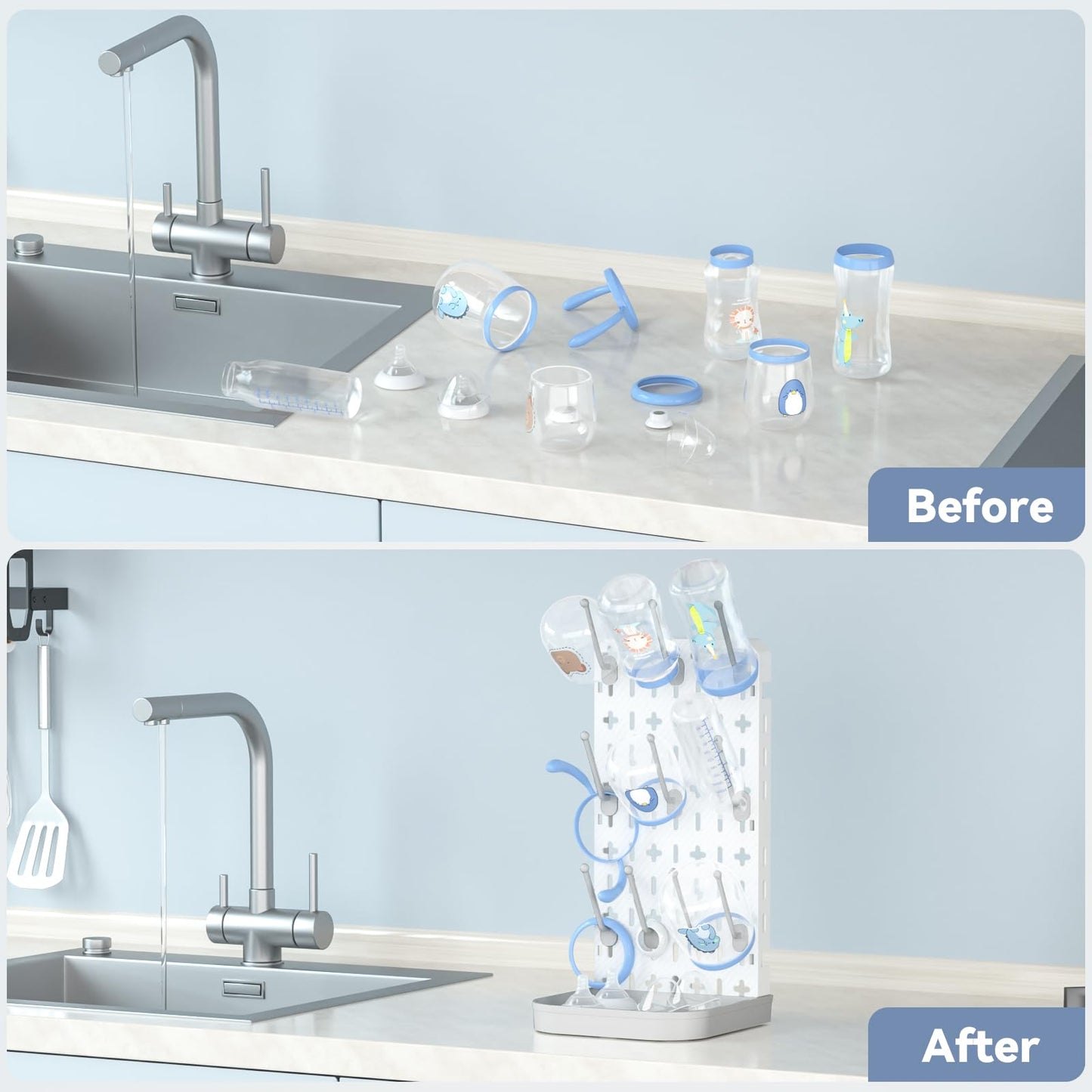 Baby Bottle Drying Rack Baby Bottle Holder Space Saving Bottle Dryer Rack Station Countertop Storage Organizer 12 Travel Bottle Drying Rack Vertical Breast Pump Part Plastic Bag Cup Dryer Tower Grey