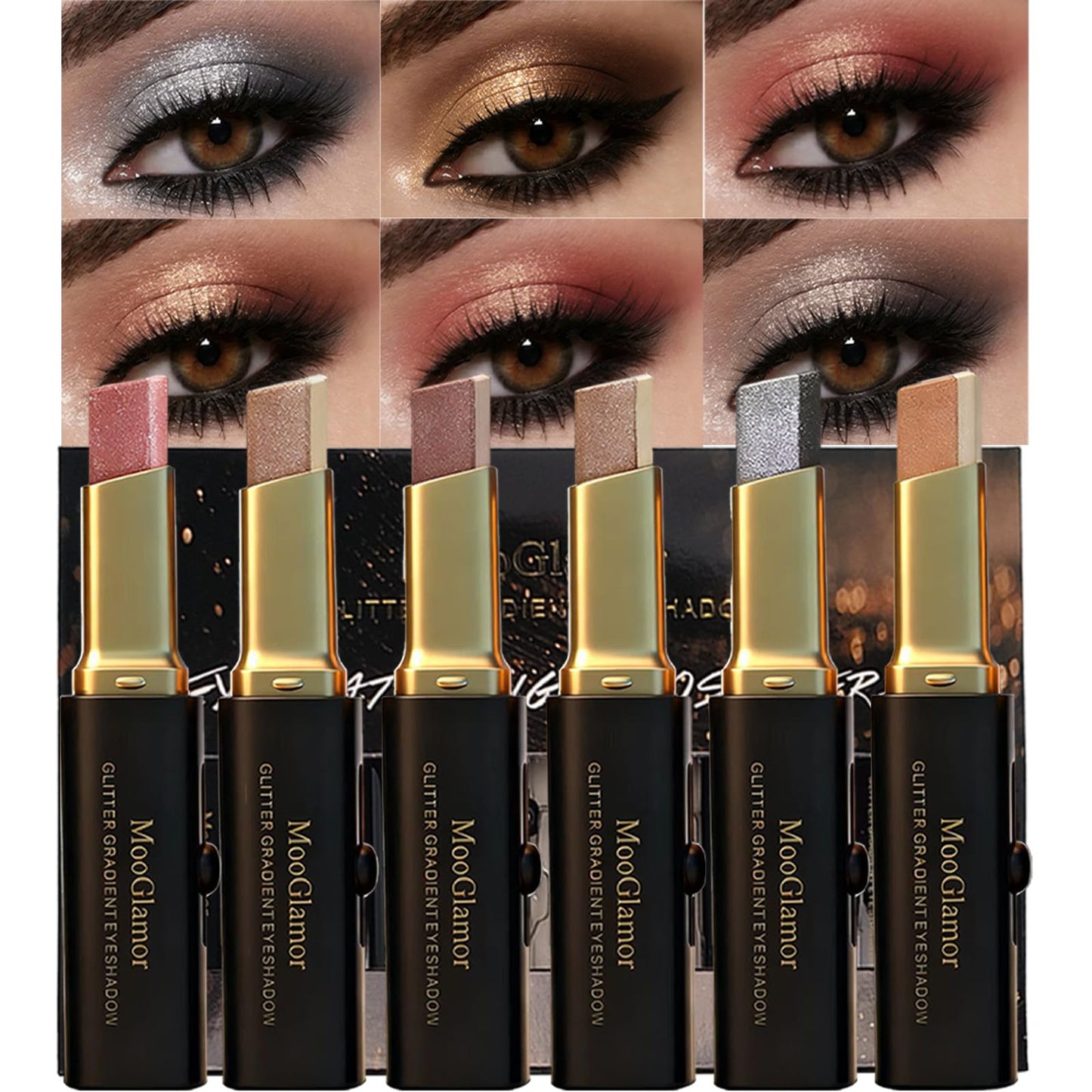 MooGlamor 6 Pcs Glitter Eye Shadow Stick Shimmer Eye Shadow Set with Two-Color Gradient and Waterproof Eyeshadow Pen for Long Lasting Eye Makeup Gift
