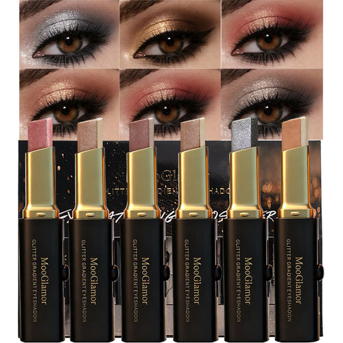 MooGlamor 6 Pcs Glitter Eye Shadow Stick Shimmer Eye Shadow Set with Two-Color Gradient and Waterproof Eyeshadow Pen for Long Lasting Eye Makeup Gift
