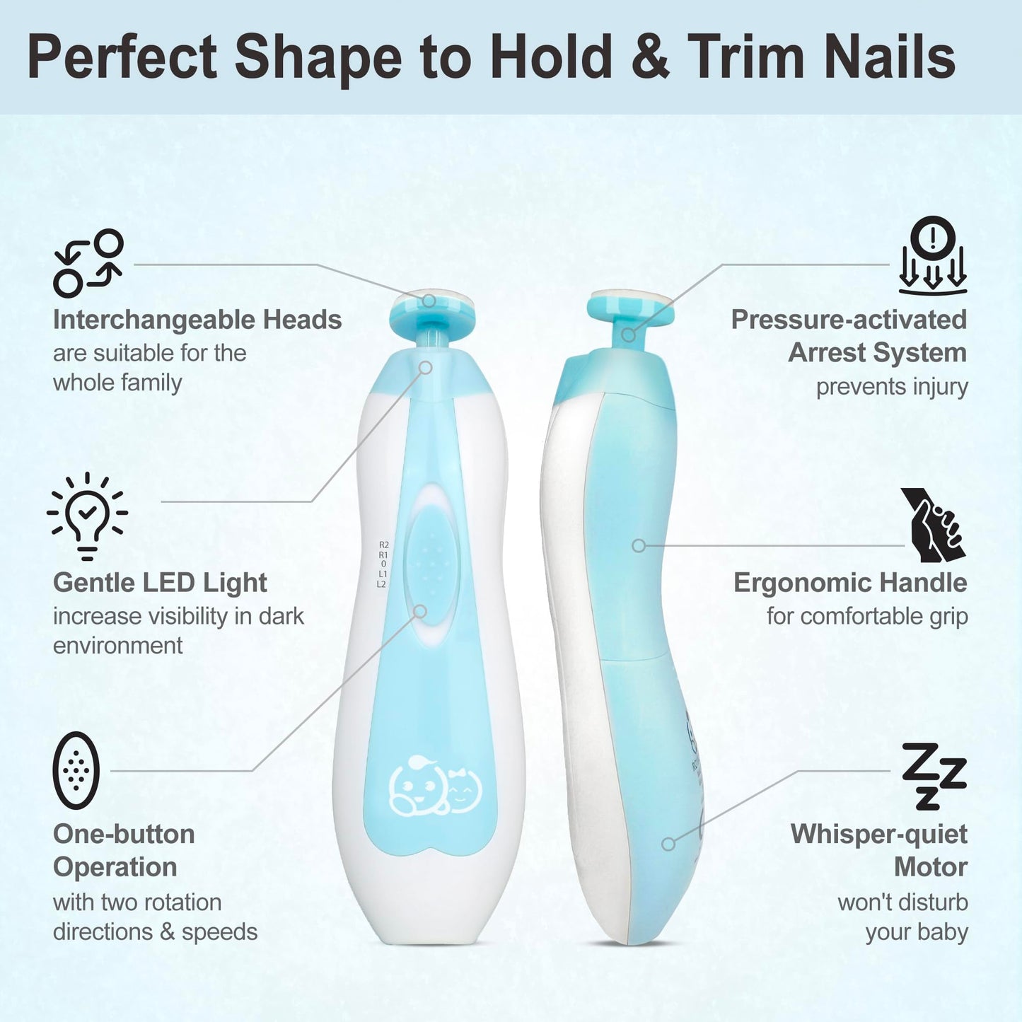 Royal Angels Upgraded 21 in 1 Baby Nail Trimmer with Labeled Case, 13 Extra Replacement Pads, Safe Electric Baby Nail File Kit for Newborns & Toddlers, Whisper Quiet Nail Clipper with LED Light (Blue)
