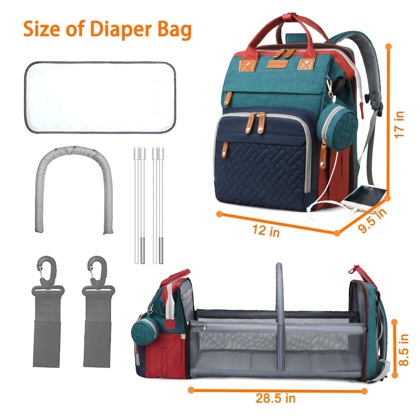 Astro alan Baby Diaper Bags with Changing Station, Waterproof Diaper Bag Backpack for Moms Dads with USB Charging Port, Baby Shower Gifts, Large Capacity diaper backpack, Red-Green-Blue