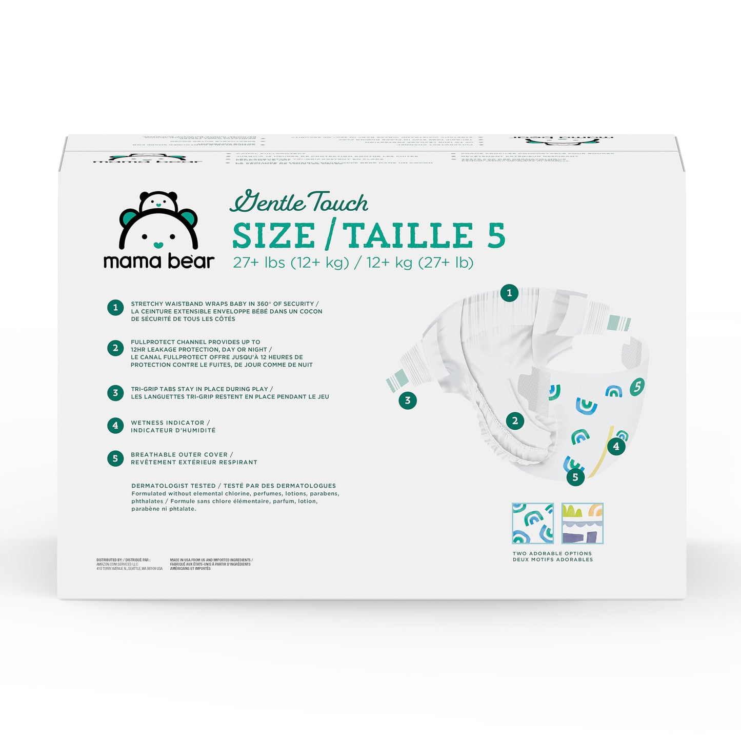 Amazon Brand - Mama Bear Gentle Touch Baby Diapers, Size 5, 27+ lb, Leak Protection, 12 Hours Protection, Wetness Indicator, Hypoallergenic, 132 Count (4 packs of 33)
