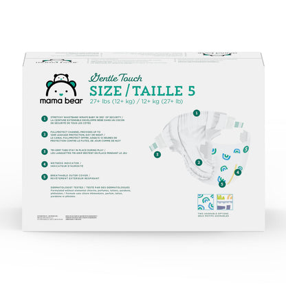 Amazon Brand - Mama Bear Gentle Touch Baby Diapers, Size 5, 27+ lb, Leak Protection, 12 Hours Protection, Wetness Indicator, Hypoallergenic, 132 Count (4 packs of 33)