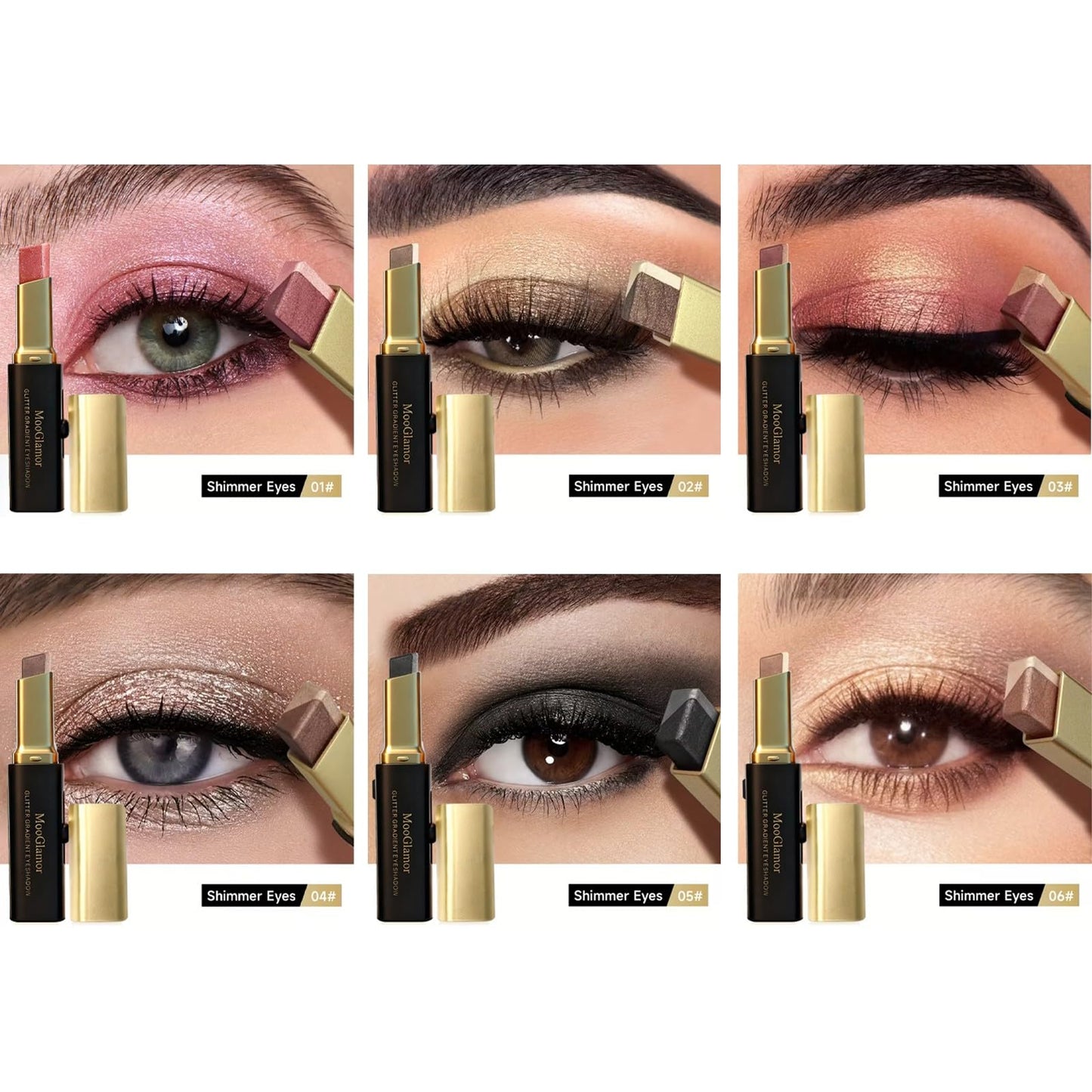 MooGlamor 6 Pcs Glitter Eye Shadow Stick Shimmer Eye Shadow Set with Two-Color Gradient and Waterproof Eyeshadow Pen for Long Lasting Eye Makeup Gift