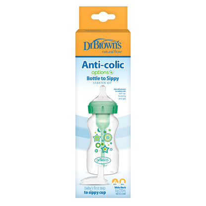 Dr. Brown’s Anti-Colic Options+ Wide-Neck Sippy Bottle Starter Kit, 9oz/270mL, with Level 3 Medium-Fast Flow Nipple and Soft 100% Silicone Sippy Spout, Green, BPA Free, 6m+