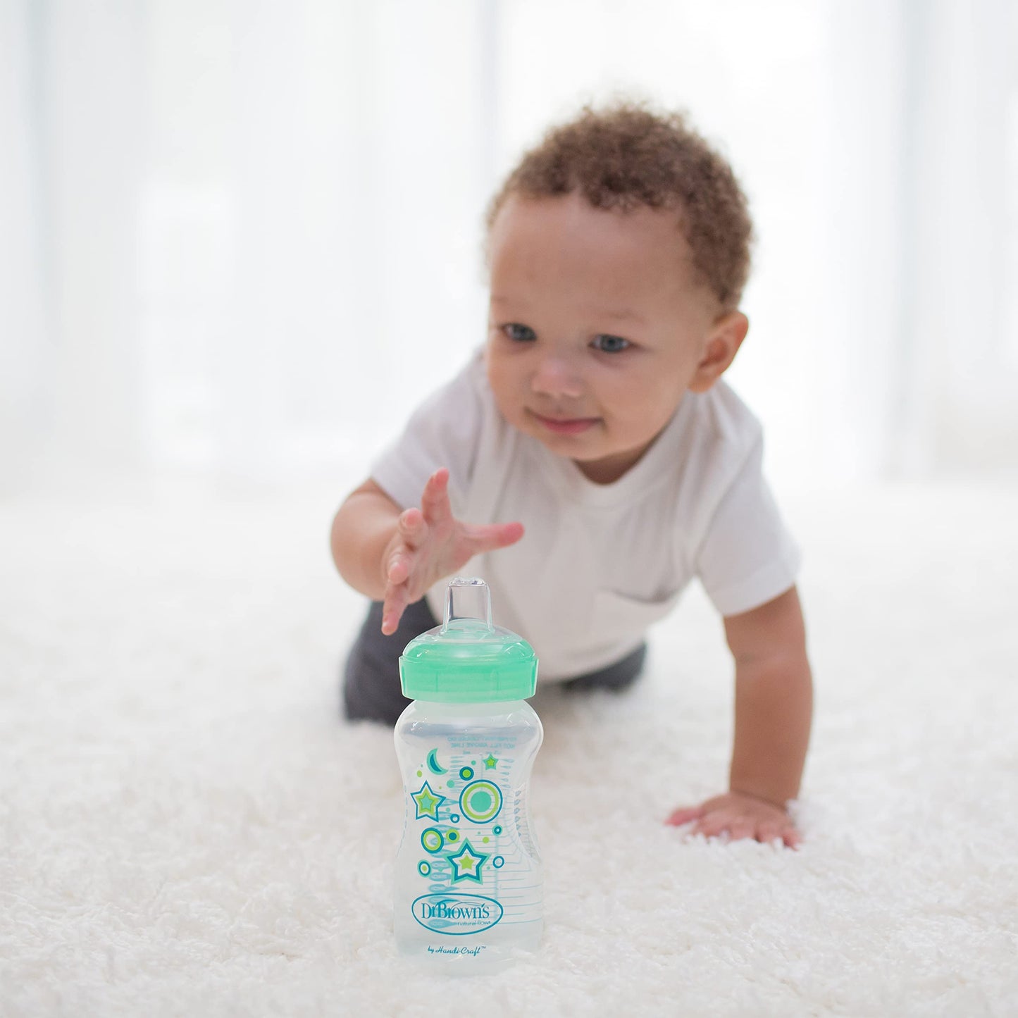Dr. Brown’s Anti-Colic Options+ Wide-Neck Sippy Bottle Starter Kit, 9oz/270mL, with Level 3 Medium-Fast Flow Nipple and Soft 100% Silicone Sippy Spout, Green, BPA Free, 6m+
