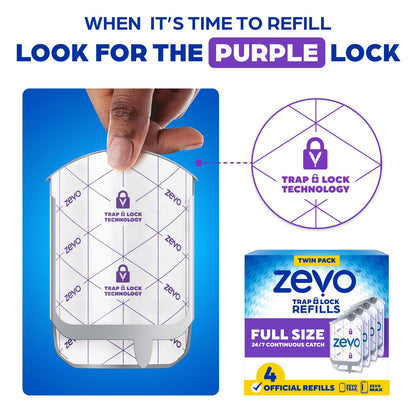 Zevo Flying Insect Trap Official Refill Cartridges - Fits Both Zevo Trap & MAX Indoor Fly Trap - Authentic Trap+Lock Technology to Catch Gnats, House & Fruit Flies (4 Official Refill Cartridges)