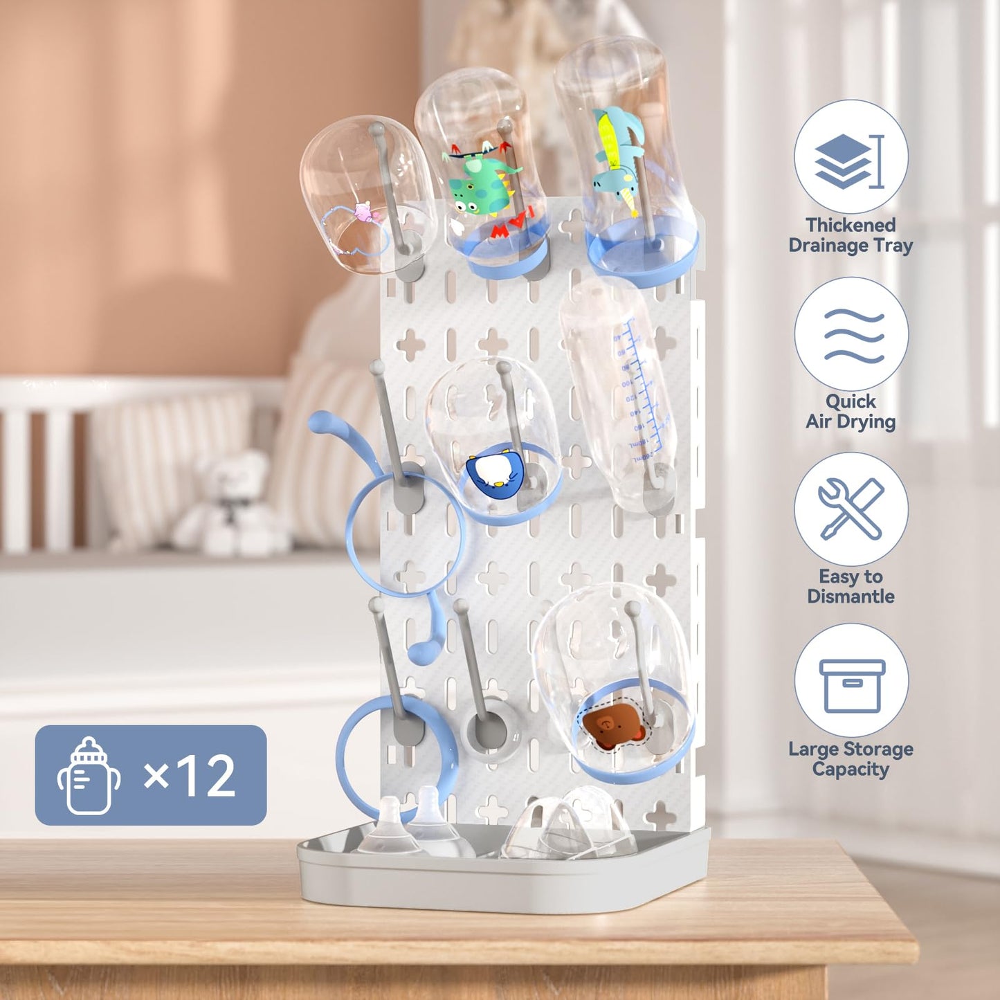Baby Bottle Drying Rack Baby Bottle Holder Space Saving Bottle Dryer Rack Station Countertop Storage Organizer 12 Travel Bottle Drying Rack Vertical Breast Pump Part Plastic Bag Cup Dryer Tower Grey