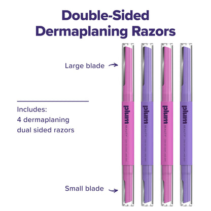 Plum Beauty Double-Sided Dermaplaning Razors (4-Pack) – Dual-Blade Facial Razors for Women - Precision & Large Blades for Brows, Upper Lip, & Cheeks - Peach Fuzz Remover & Exfoliating Face Tool