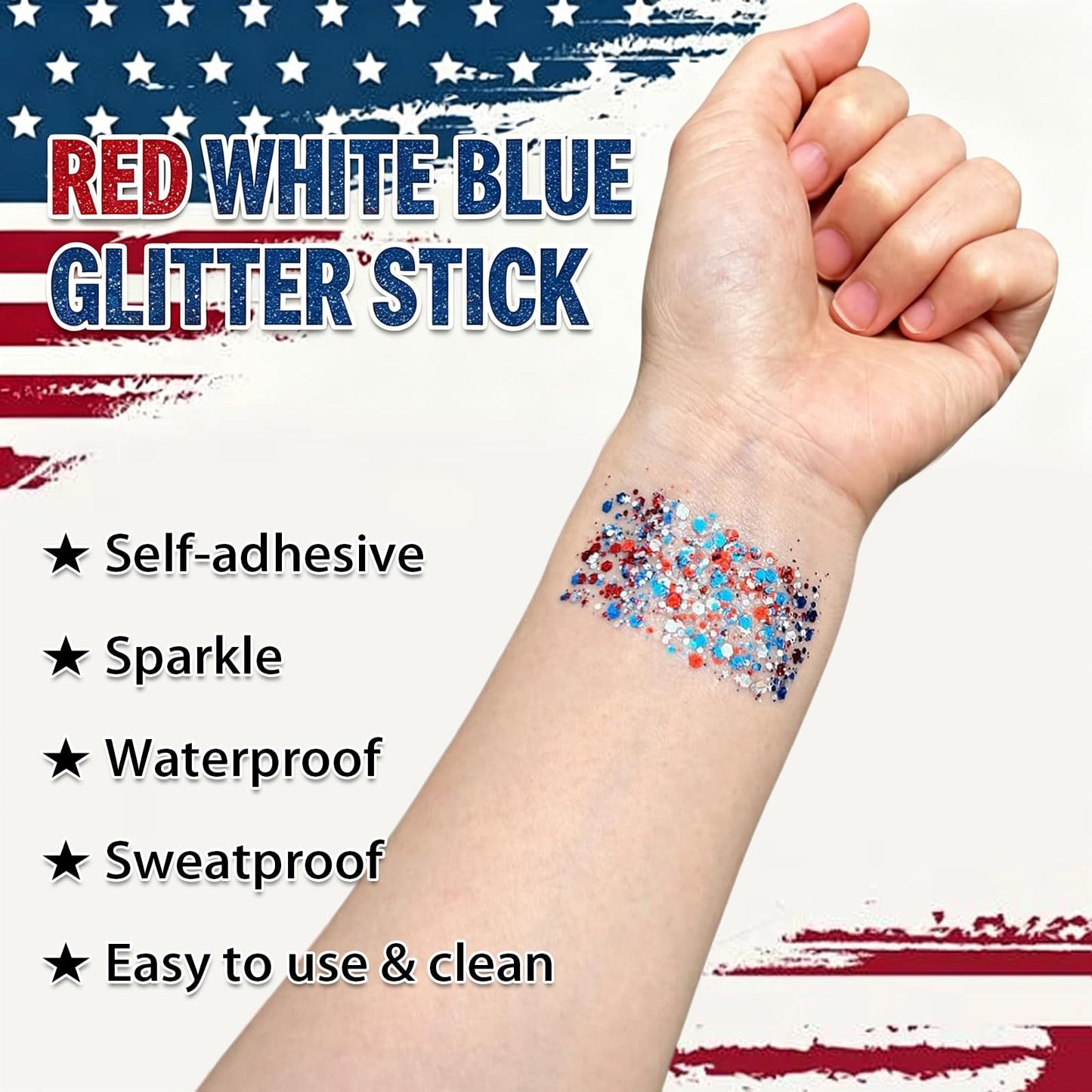 4th of July Body Glitter Stick, Hair Face Glitter Stick, Fourth of July Outfits and 250th Anniversary Accessories, Patriotic USA Flag Accessories for Women, Red White and Blue Waterproof Hair Glitter
