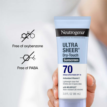 Neutrogena Ultra Sheer Dry-Touch Sunscreen Lotion SPF 70, Broad Spectrum, Water Resistant 80 Min, Oil-Free, Oxybenzone-Free, Non-Comedogenic, Matte Finish, Body Sunscreen, Travel Size 3 Fl Oz