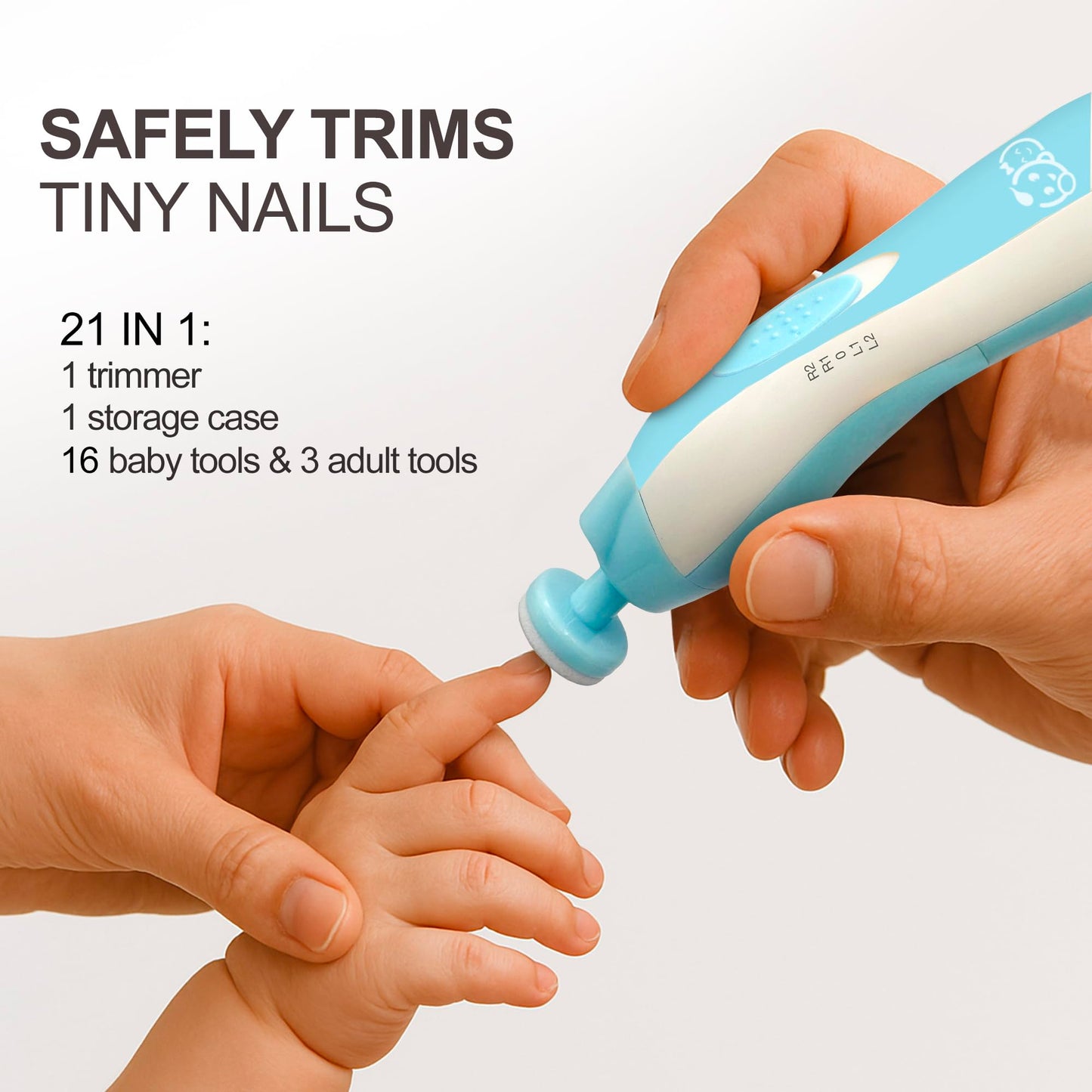 Royal Angels Upgraded 21 in 1 Baby Nail Trimmer with Labeled Case, 13 Extra Replacement Pads, Safe Electric Baby Nail File Kit for Newborns & Toddlers, Whisper Quiet Nail Clipper with LED Light (Blue)