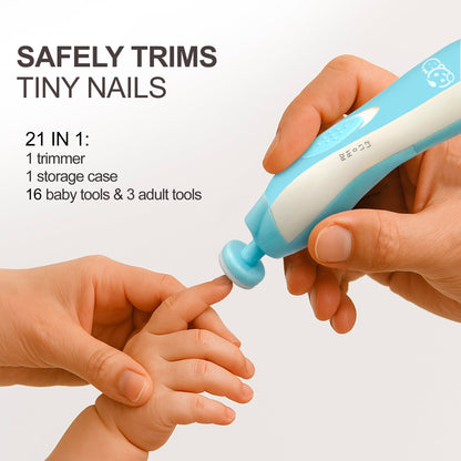 Royal Angels Upgraded 21 in 1 Baby Nail Trimmer with Labeled Case, 13 Extra Replacement Pads, Safe Electric Baby Nail File Kit for Newborns & Toddlers, Whisper Quiet Nail Clipper with LED Light (Blue)
