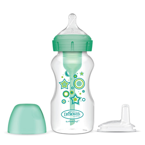 Dr. Brown’s Anti-Colic Options+ Wide-Neck Sippy Bottle Starter Kit, 9oz/270mL, with Level 3 Medium-Fast Flow Nipple and Soft 100% Silicone Sippy Spout, Green, BPA Free, 6m+