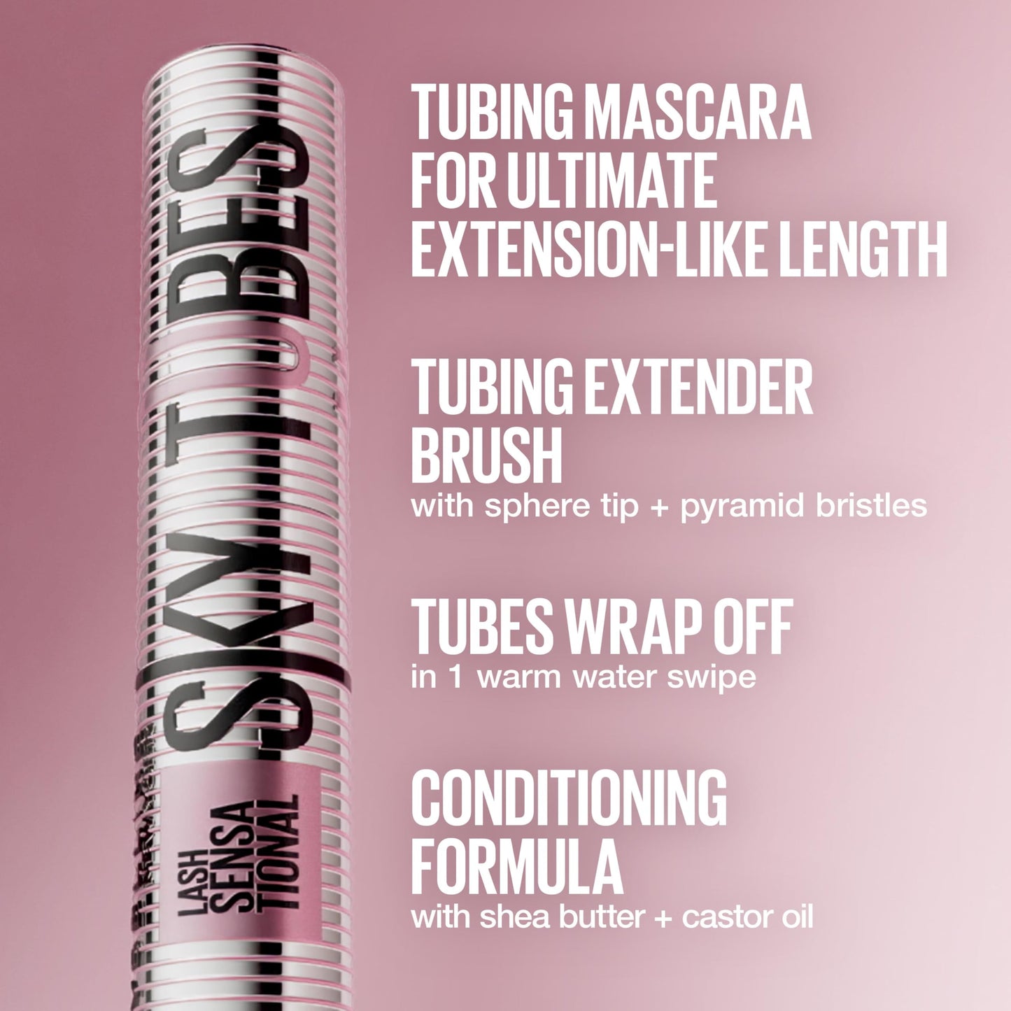 Maybelline Lash Sensational Sky Tubes Tubing Mascara, Extension-Like Lengthening Mascara, 24HR Eye Makeup with Shea Butter & Castor Oil, Very Black, 1 Count