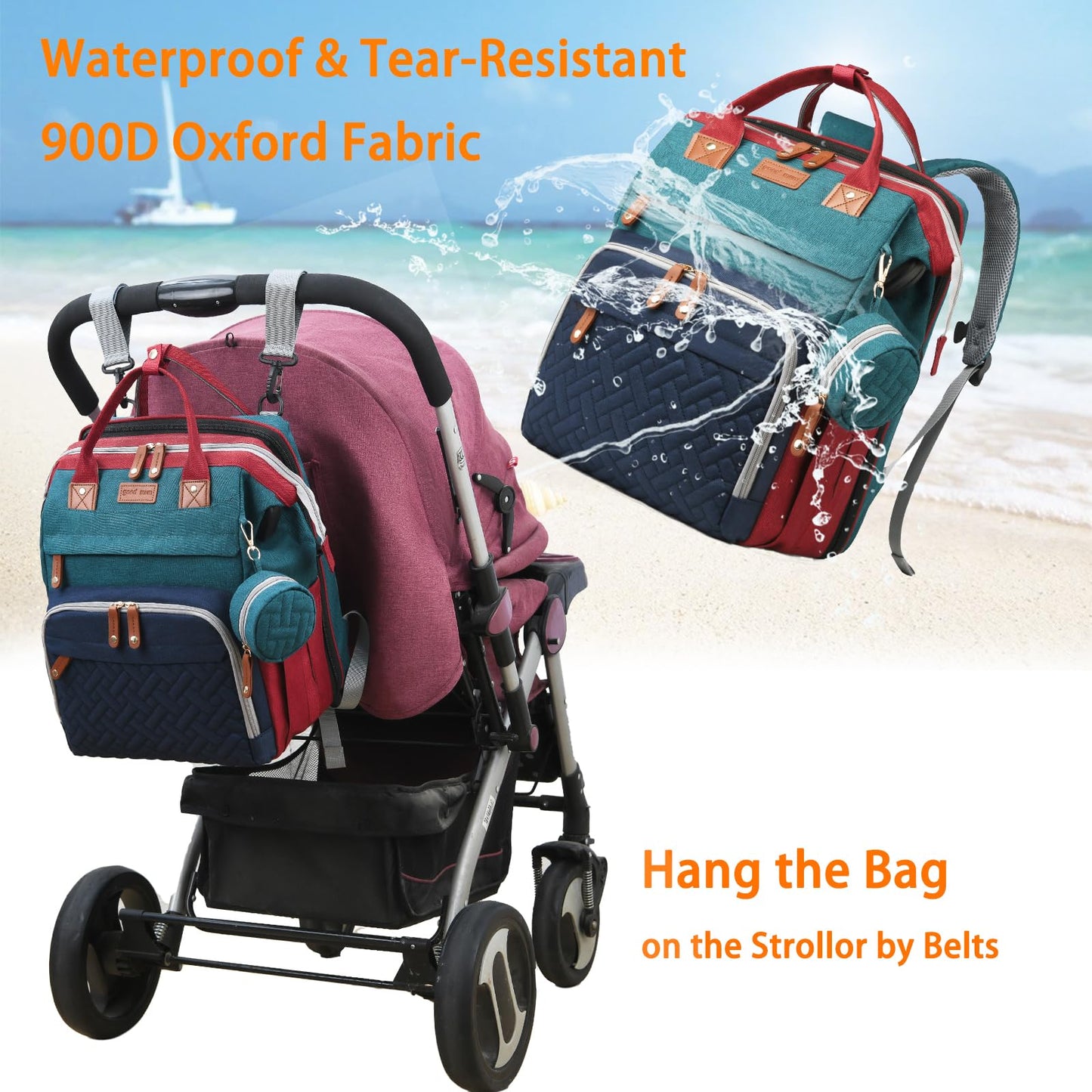 Astro alan Baby Diaper Bags with Changing Station, Waterproof Diaper Bag Backpack for Moms Dads with USB Charging Port, Baby Shower Gifts, Large Capacity diaper backpack, Red-Green-Blue