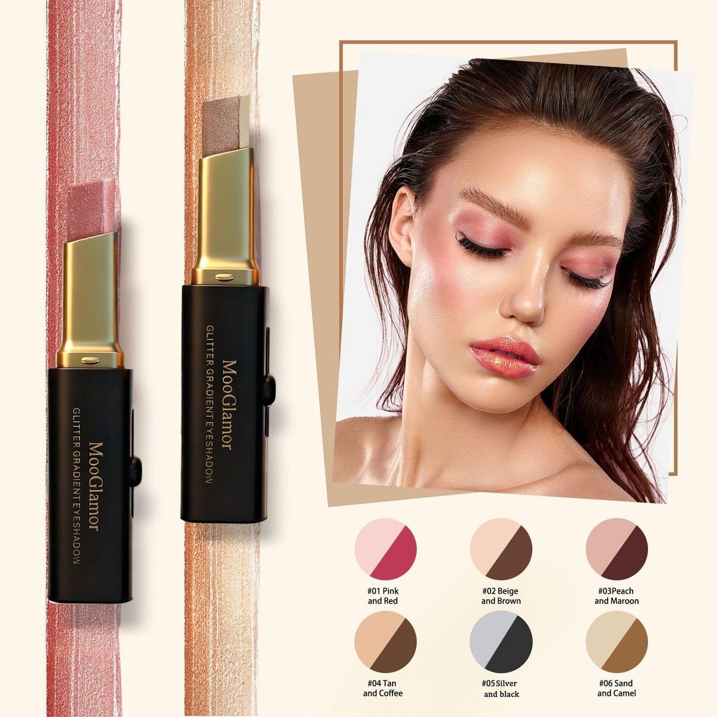 MooGlamor 6 Pcs Glitter Eye Shadow Stick Shimmer Eye Shadow Set with Two-Color Gradient and Waterproof Eyeshadow Pen for Long Lasting Eye Makeup Gift