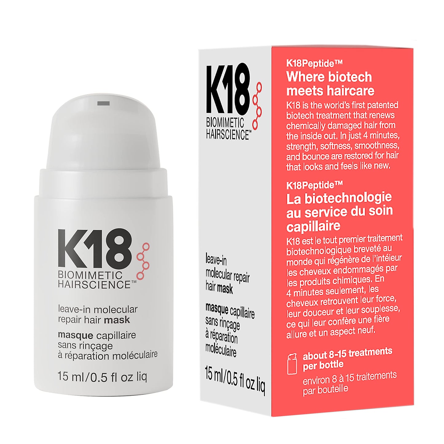 K18 Leave-In Molecular Repair Hair Mask - Peptide Hair Treatment Mask for Bleach, Color, Chemical + Heat Damaged Strands - Immediate + Lasting Damage Reversal in 4 Minutes (0.5 Fl oz)