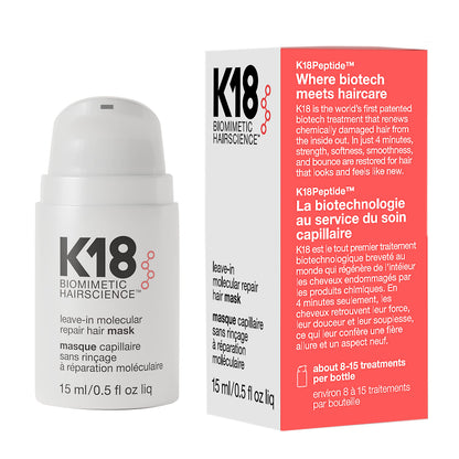 K18 Leave-In Molecular Repair Hair Mask - Peptide Hair Treatment Mask for Bleach, Color, Chemical + Heat Damaged Strands - Immediate + Lasting Damage Reversal in 4 Minutes (0.5 Fl oz)
