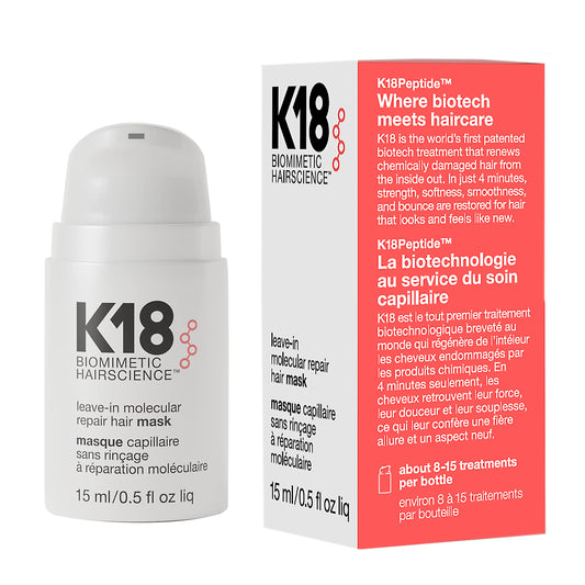 K18 Leave-In Molecular Repair Hair Mask - Peptide Hair Treatment Mask for Bleach, Color, Chemical + Heat Damaged Strands - Immediate + Lasting Damage Reversal in 4 Minutes (0.5 Fl oz)