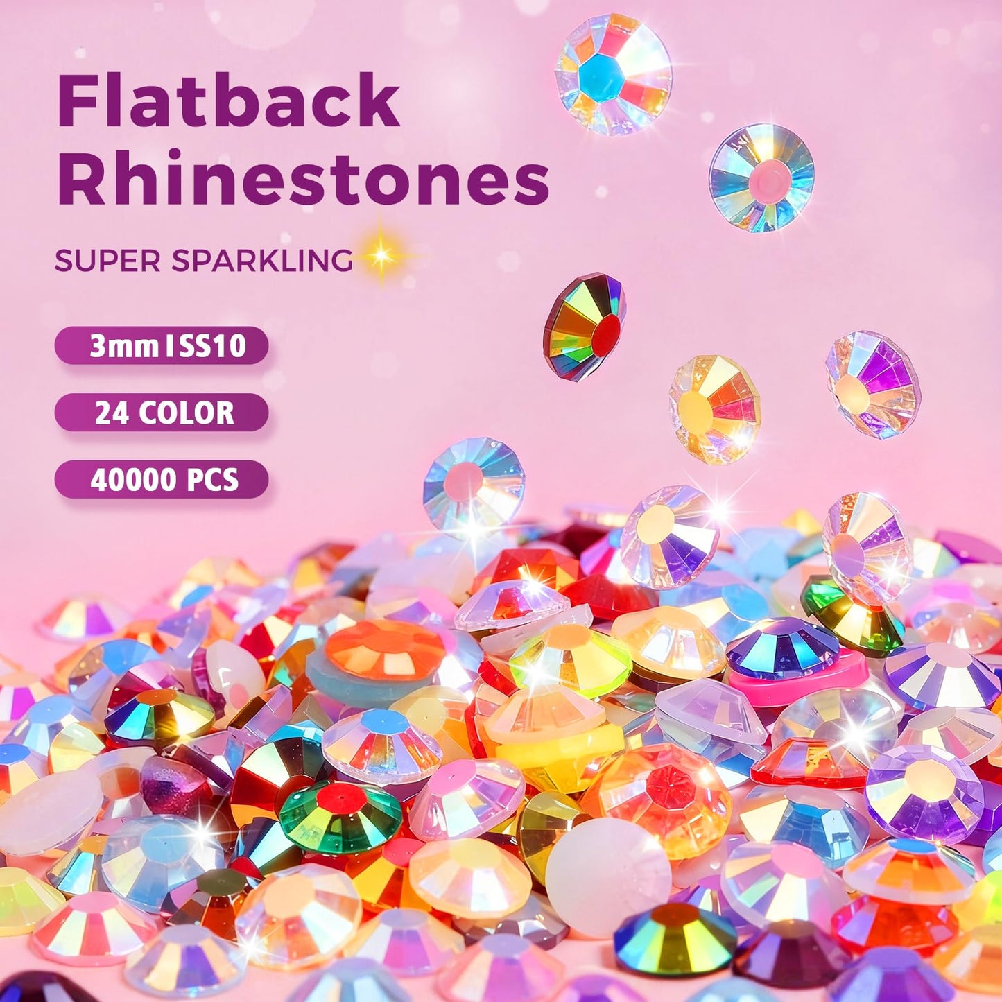 Redtwo 40000Pcs Resin Jelly Rhinestones for Bedazzling, 3mm Multicolor Flatback Rhinestones, Bedazzling Kit with 4Pcs B7000 Jewelry Glue and Tools, Bedazzler Kit for Crafting Book Clothes Makeup Shoes