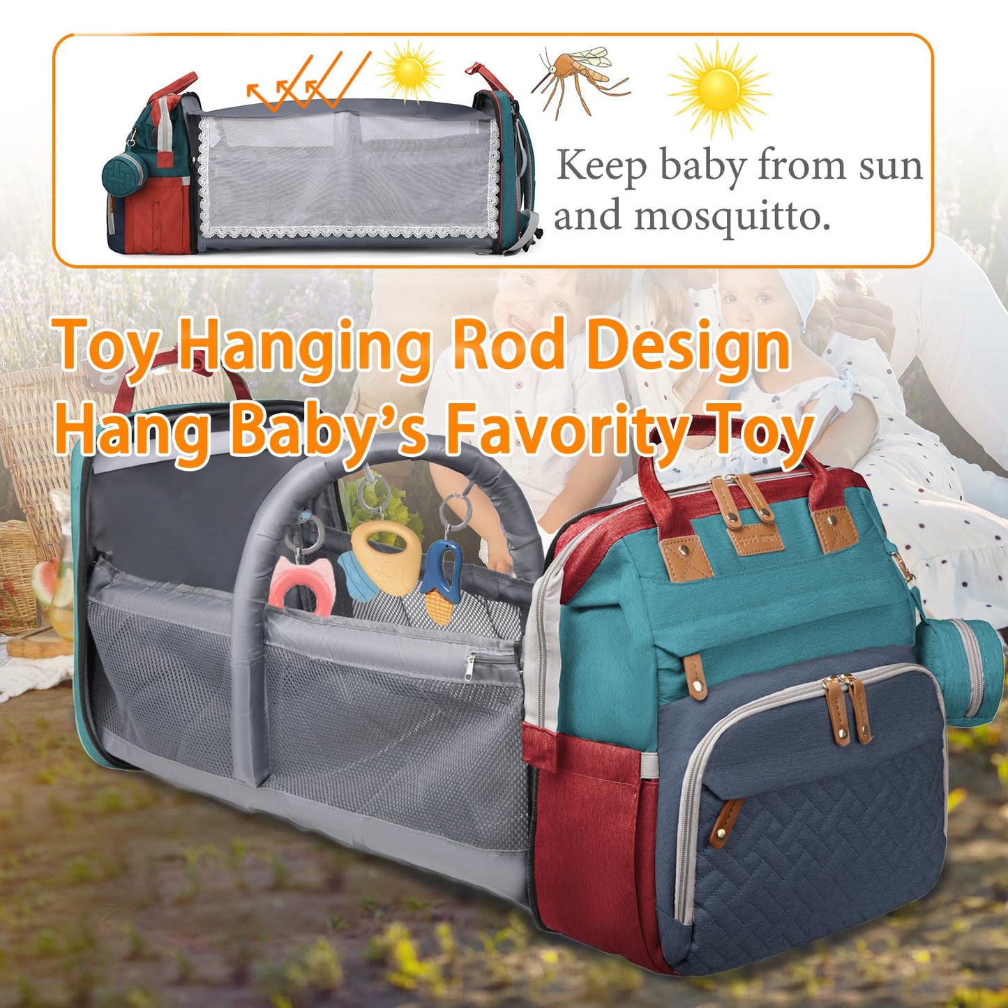 Astro alan Baby Diaper Bags with Changing Station, Waterproof Diaper Bag Backpack for Moms Dads with USB Charging Port, Baby Shower Gifts, Large Capacity diaper backpack, Red-Green-Blue