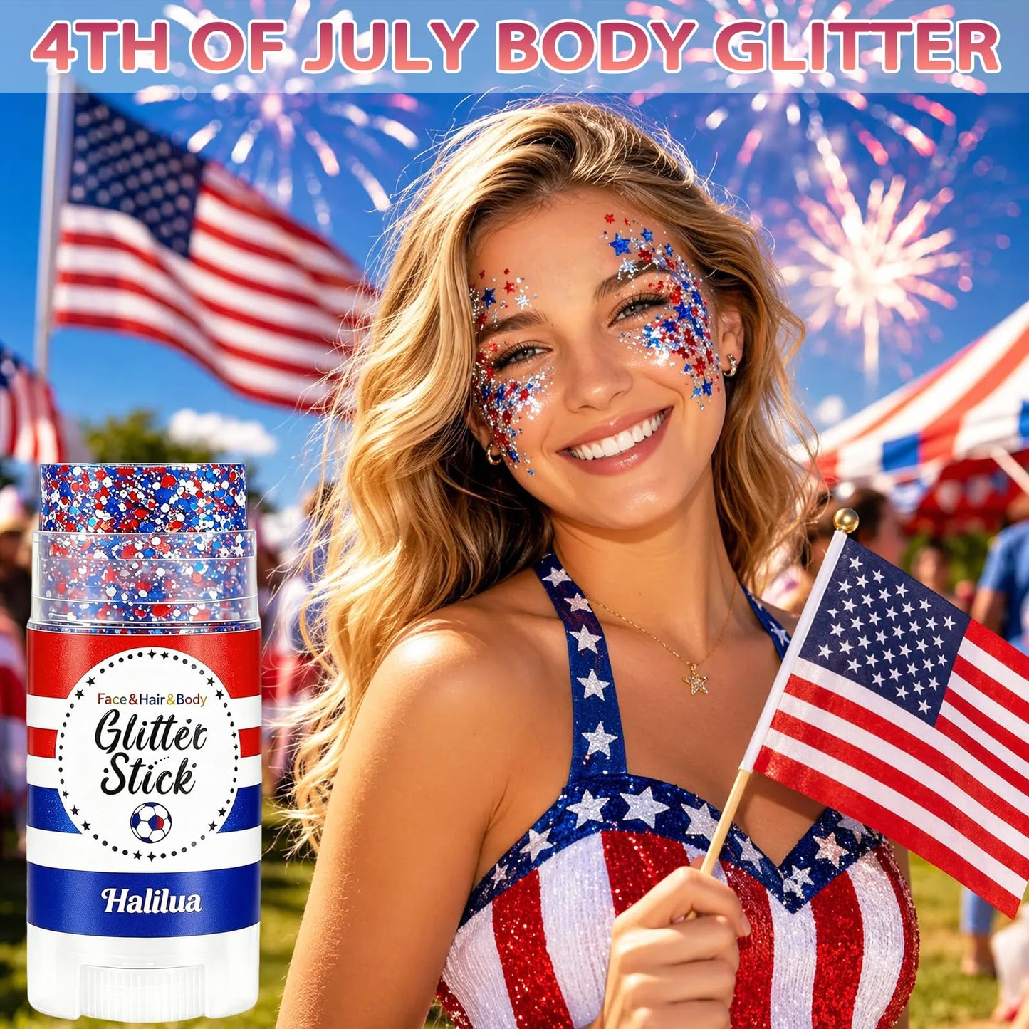 4th of July Body Glitter Stick, Hair Face Glitter Stick, Fourth of July Outfits and 250th Anniversary Accessories, Patriotic USA Flag Accessories for Women, Red White and Blue Waterproof Hair Glitter