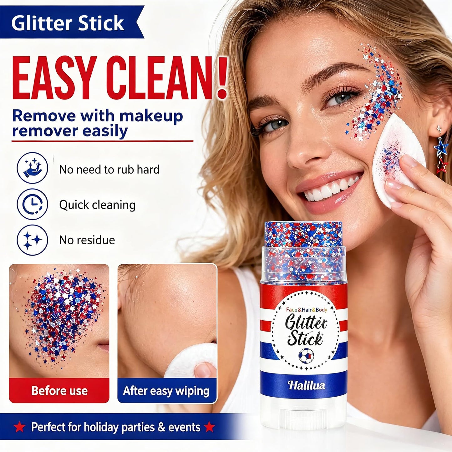 4th of July Body Glitter Stick, Hair Face Glitter Stick, Fourth of July Outfits and 250th Anniversary Accessories, Patriotic USA Flag Accessories for Women, Red White and Blue Waterproof Hair Glitter