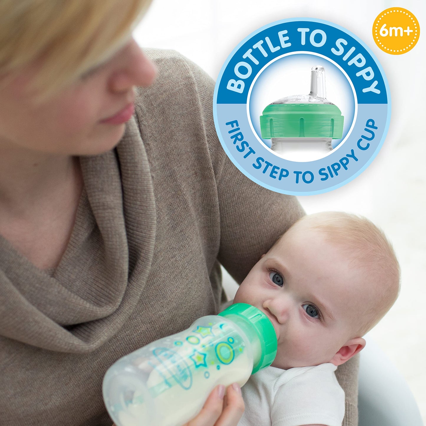 Dr. Brown’s Anti-Colic Options+ Wide-Neck Sippy Bottle Starter Kit, 9oz/270mL, with Level 3 Medium-Fast Flow Nipple and Soft 100% Silicone Sippy Spout, Green, BPA Free, 6m+