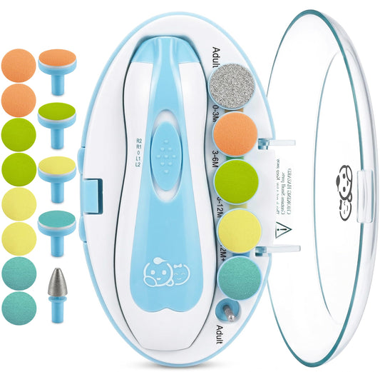 Royal Angels Upgraded 21 in 1 Baby Nail Trimmer with Labeled Case, 13 Extra Replacement Pads, Safe Electric Baby Nail File Kit for Newborns & Toddlers, Whisper Quiet Nail Clipper with LED Light (Blue)