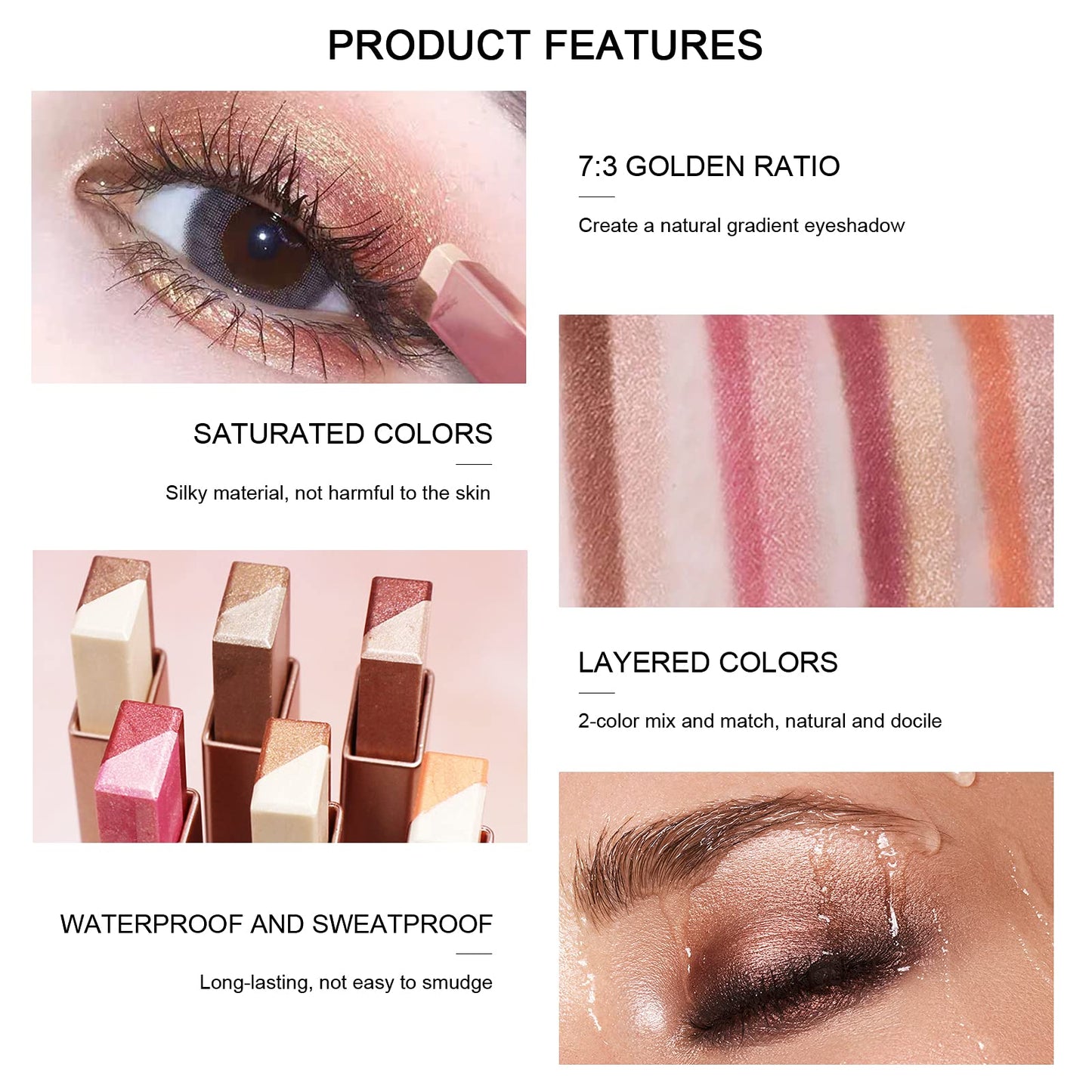 LOKFAR 12 Colors Glitter Eye-shadow Stick Set, Two-Tone Shimmer Gradient Shadow, Duo Chrome Metallic Eyeshadow Stick Waterproof Glitter Eye Shadow Pen for Women Eye Makeup (6 Pcs)