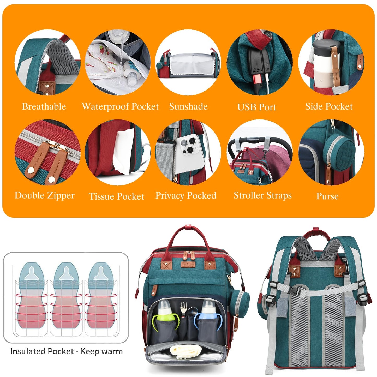Astro alan Baby Diaper Bags with Changing Station, Waterproof Diaper Bag Backpack for Moms Dads with USB Charging Port, Baby Shower Gifts, Large Capacity diaper backpack, Red-Green-Blue