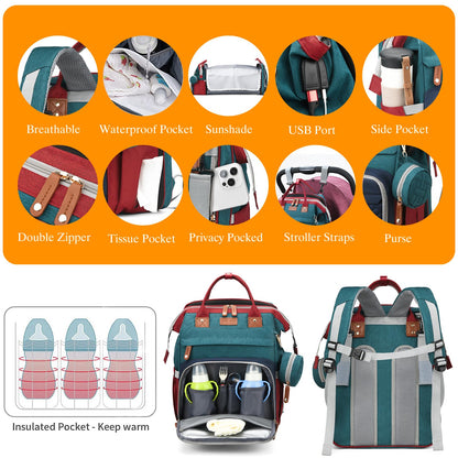 Astro alan Baby Diaper Bags with Changing Station, Waterproof Diaper Bag Backpack for Moms Dads with USB Charging Port, Baby Shower Gifts, Large Capacity diaper backpack, Red-Green-Blue