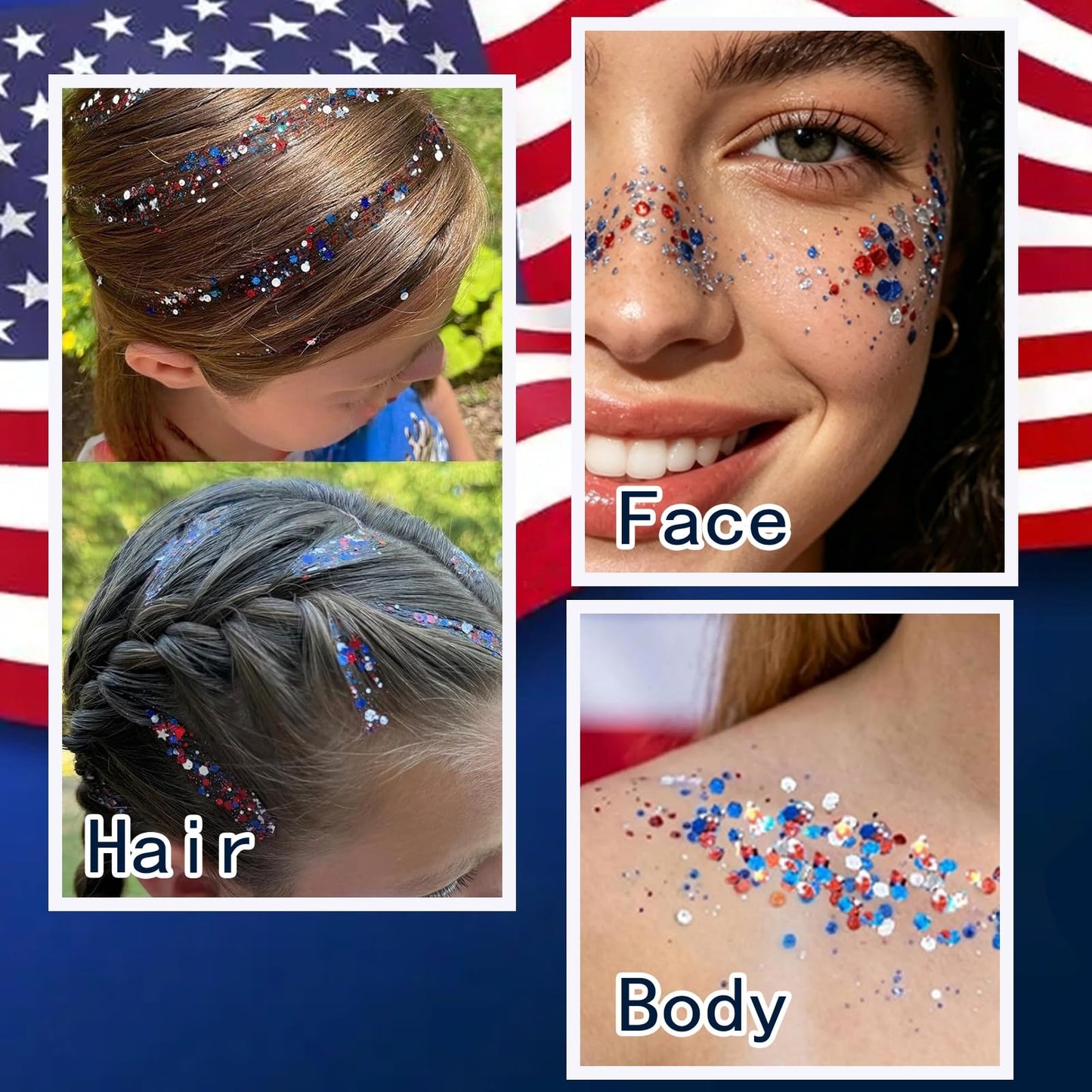 4th of July Body Glitter Stick, Hair Face Glitter Stick, Fourth of July Outfits and 250th Anniversary Accessories, Patriotic USA Flag Accessories for Women, Red White and Blue Waterproof Hair Glitter