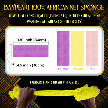 UJFQBH 3 Pieces African Bath Sponge African Net Long Net Bath Sponge Exfoliating Shower Body Scrubber Back Scrubber Skin Smoother,Great for Daily Use (Pink,Yellow,Purple)