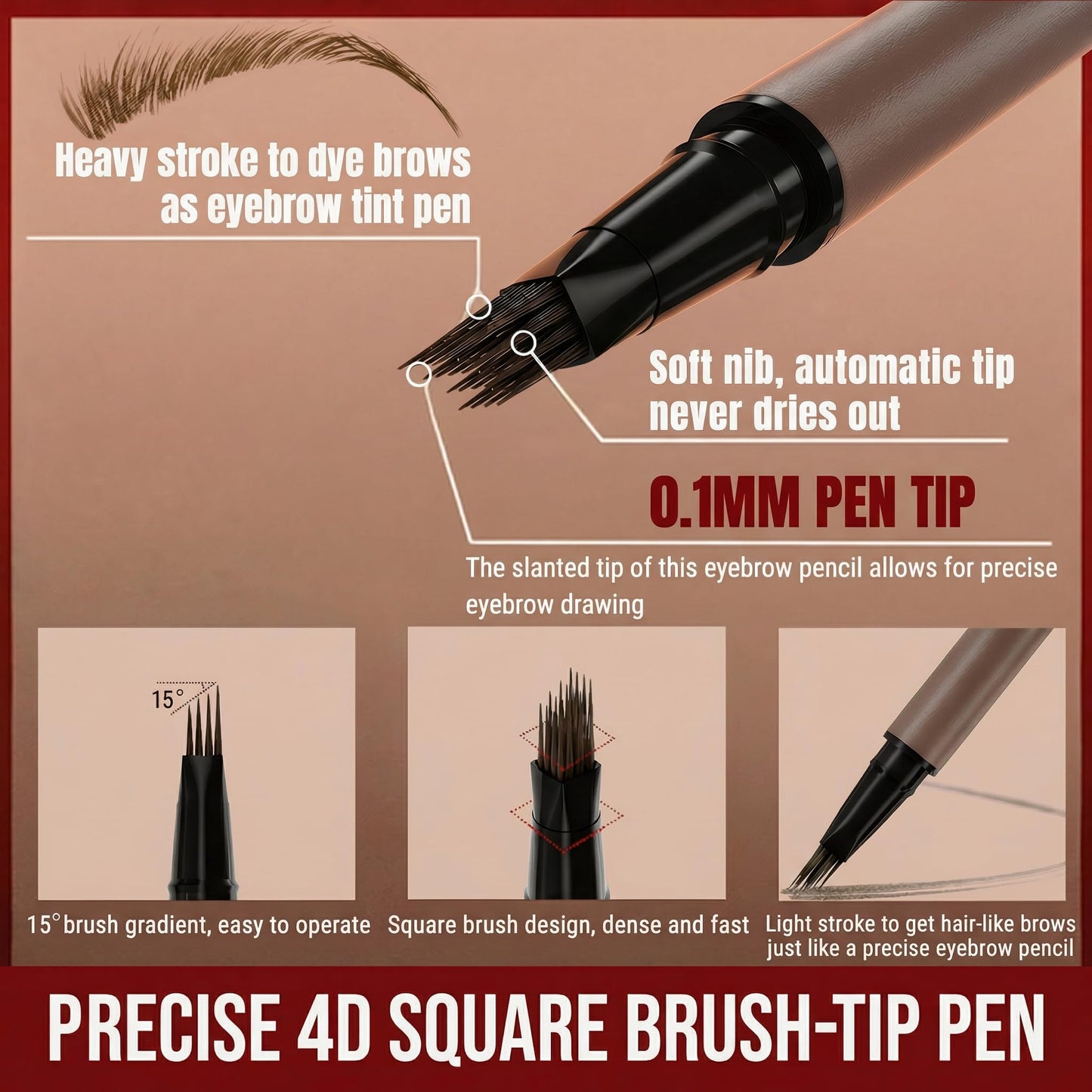 Eyebrow Pencil for Women, 2-in-1 Microblading Eyebrow Pen with 4D Square & Ultra-Fine Tips, Waterproof Long-Lasting Brow Pencil, Hair-Like Strokes for Natural Fuller Brows with Brow Brush, Brown