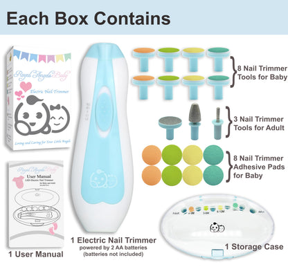 Royal Angels Upgraded 21 in 1 Baby Nail Trimmer with Labeled Case, 13 Extra Replacement Pads, Safe Electric Baby Nail File Kit for Newborns & Toddlers, Whisper Quiet Nail Clipper with LED Light (Blue)