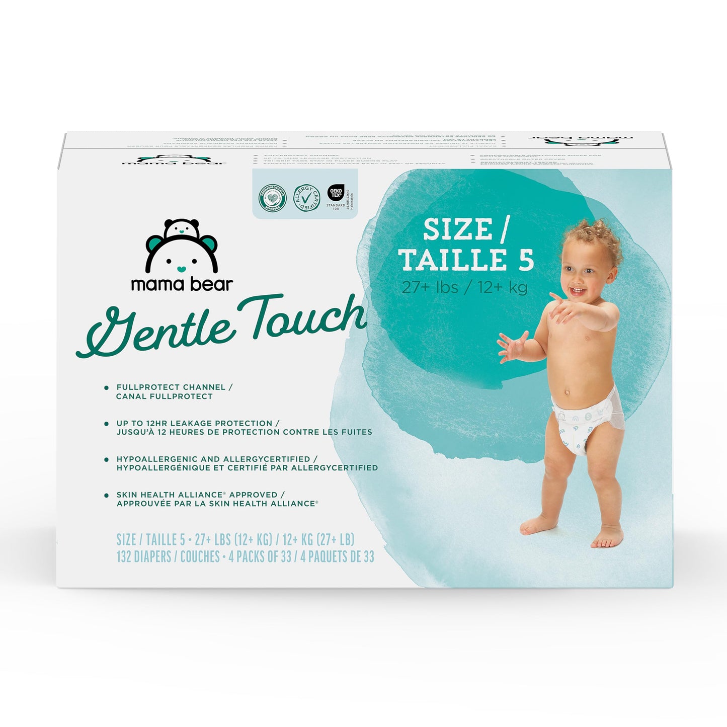 Amazon Brand - Mama Bear Gentle Touch Baby Diapers, Size 5, 27+ lb, Leak Protection, 12 Hours Protection, Wetness Indicator, Hypoallergenic, 132 Count (4 packs of 33)