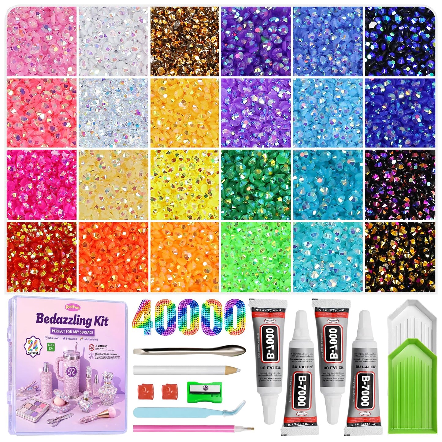 Redtwo 40000Pcs Resin Jelly Rhinestones for Bedazzling, 3mm Multicolor Flatback Rhinestones, Bedazzling Kit with 4Pcs B7000 Jewelry Glue and Tools, Bedazzler Kit for Crafting Book Clothes Makeup Shoes