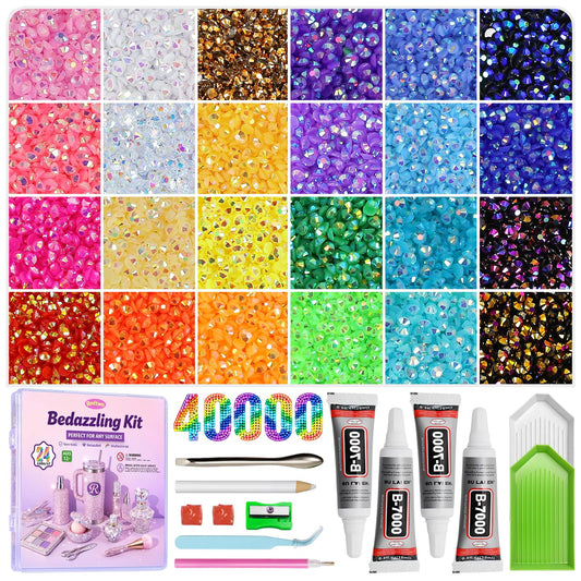 Redtwo 40000Pcs Resin Jelly Rhinestones for Bedazzling, 3mm Multicolor Flatback Rhinestones, Bedazzling Kit with 4Pcs B7000 Jewelry Glue and Tools, Bedazzler Kit for Crafting Book Clothes Makeup Shoes